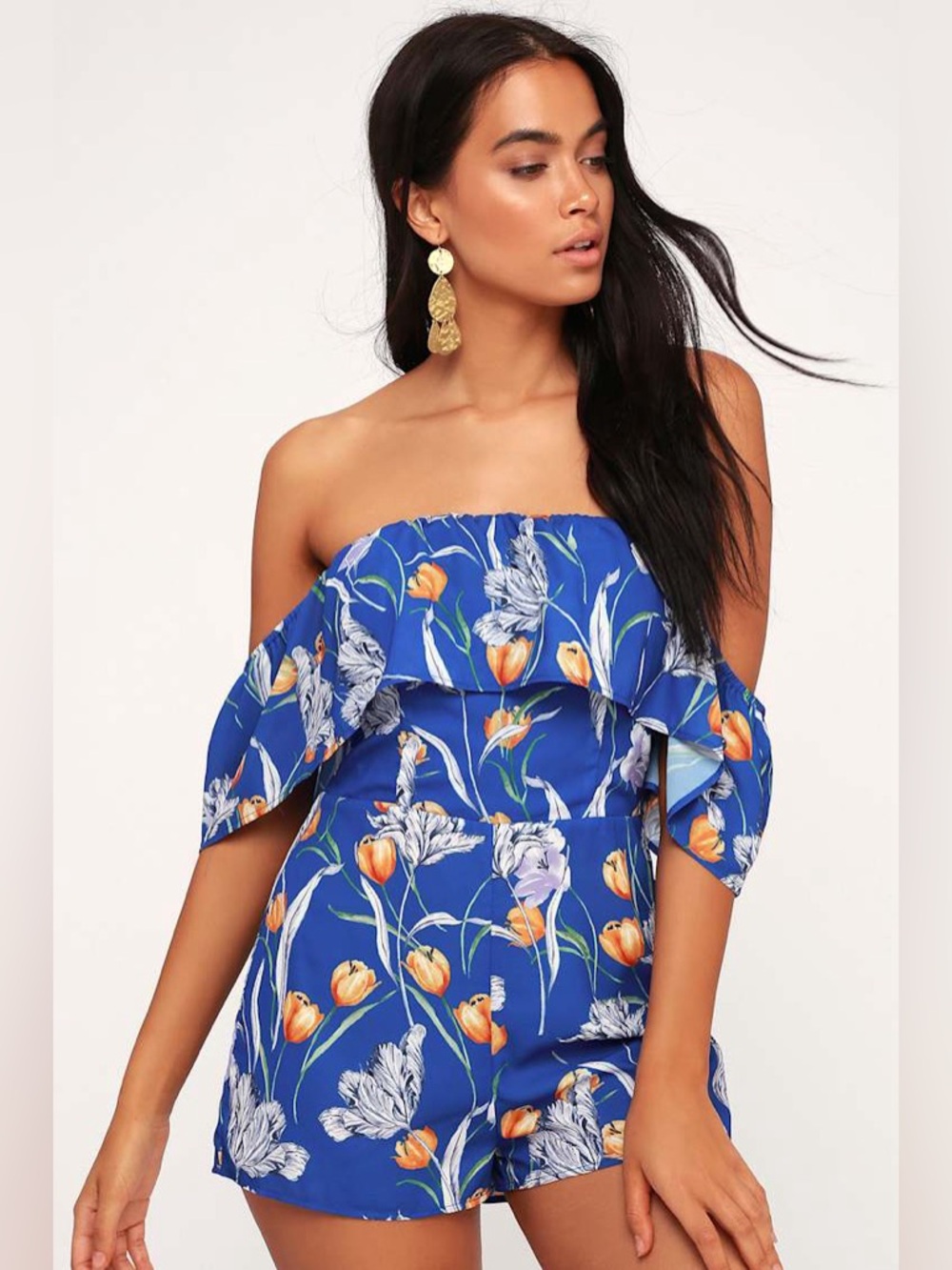 Lulu’s Waimea Romper Blue Yellow Orange Floral Mini Dress